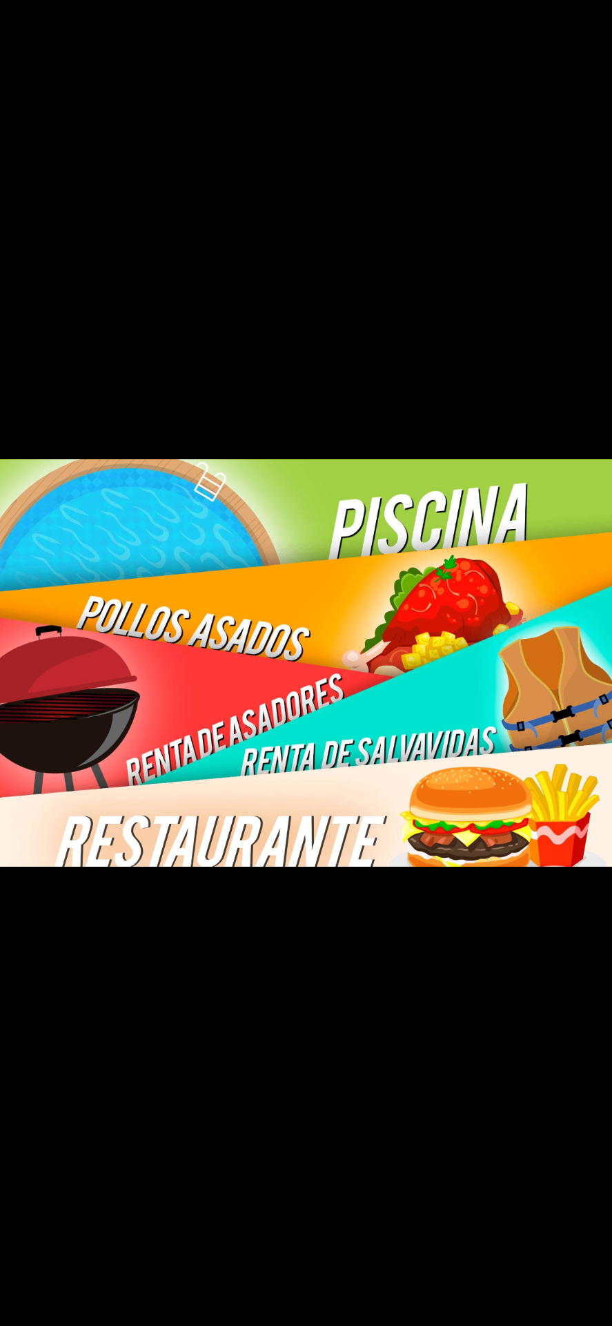 Servicios: piscina, pollos asados, renta de asadores y salvavidas