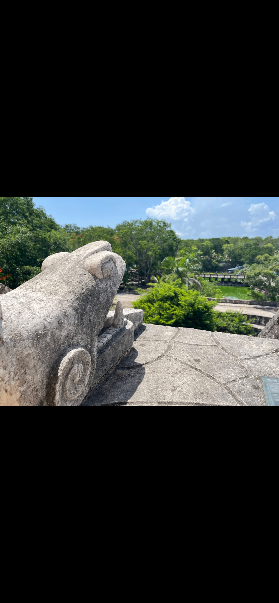 Detalle de serpiente de piedra con vista al parque